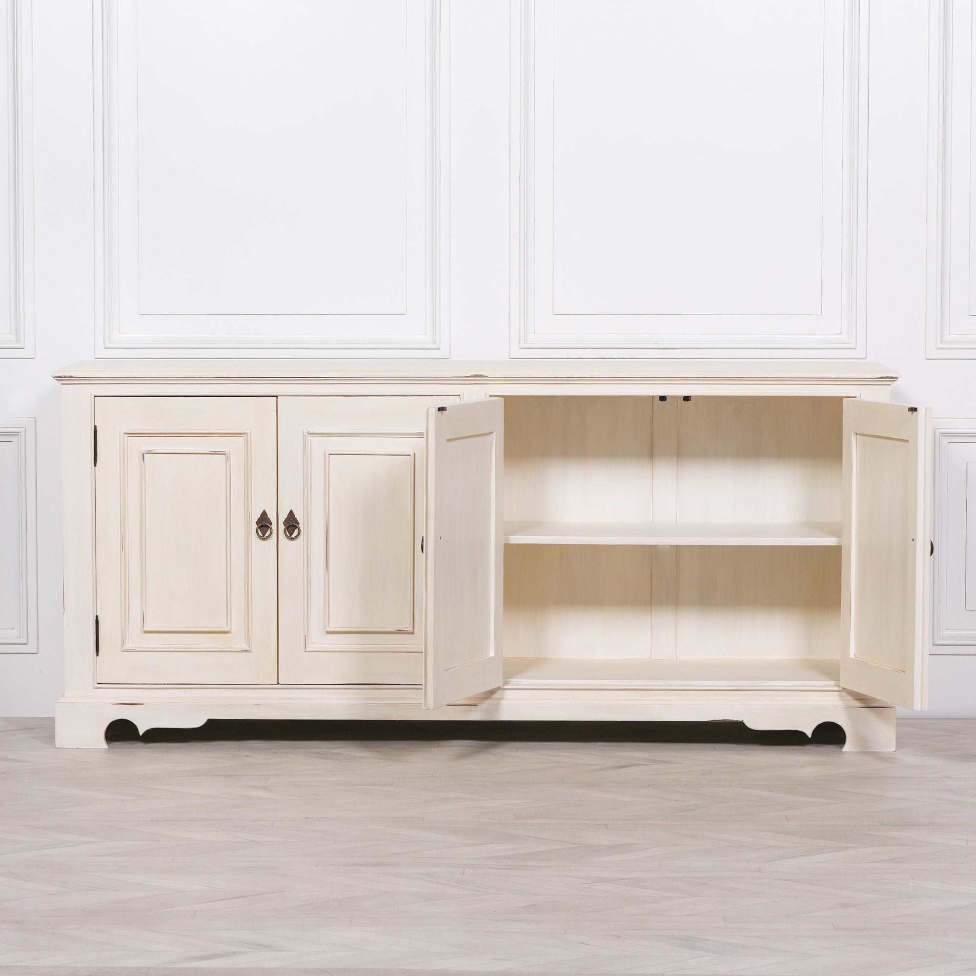 Classical Country Style Large Brush Distressed Effect Painted White Cabinet Sideboard