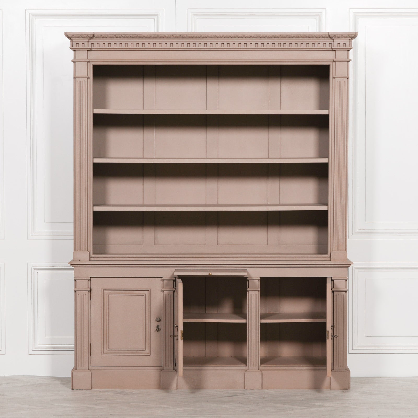 French Style Hand Carved Taupe Colour Painted Wooden Display Cabinet Dresser Bookcase