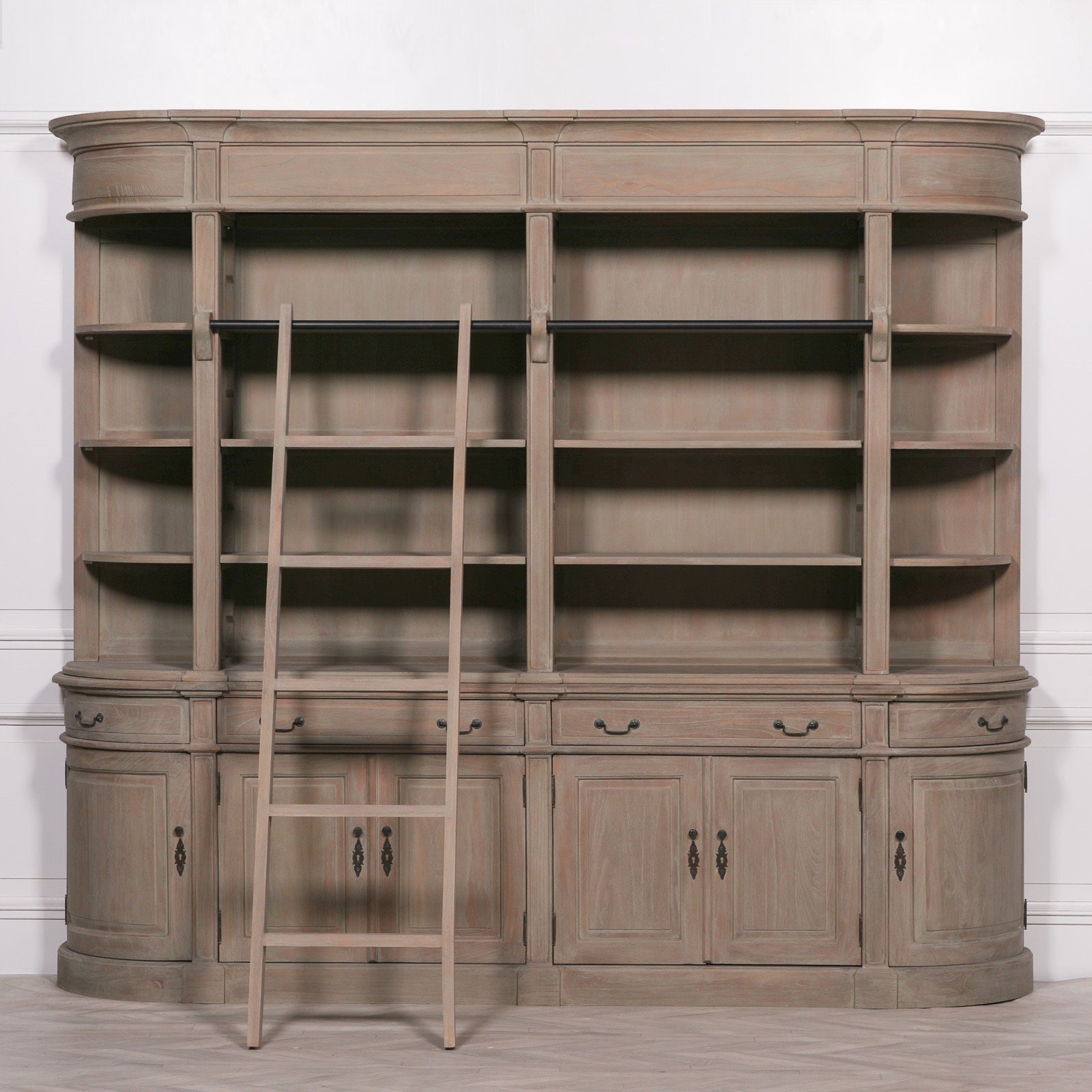 Classical Large 240cm Wide Curved Bookcase With Ladder Made from White Cedar Wood