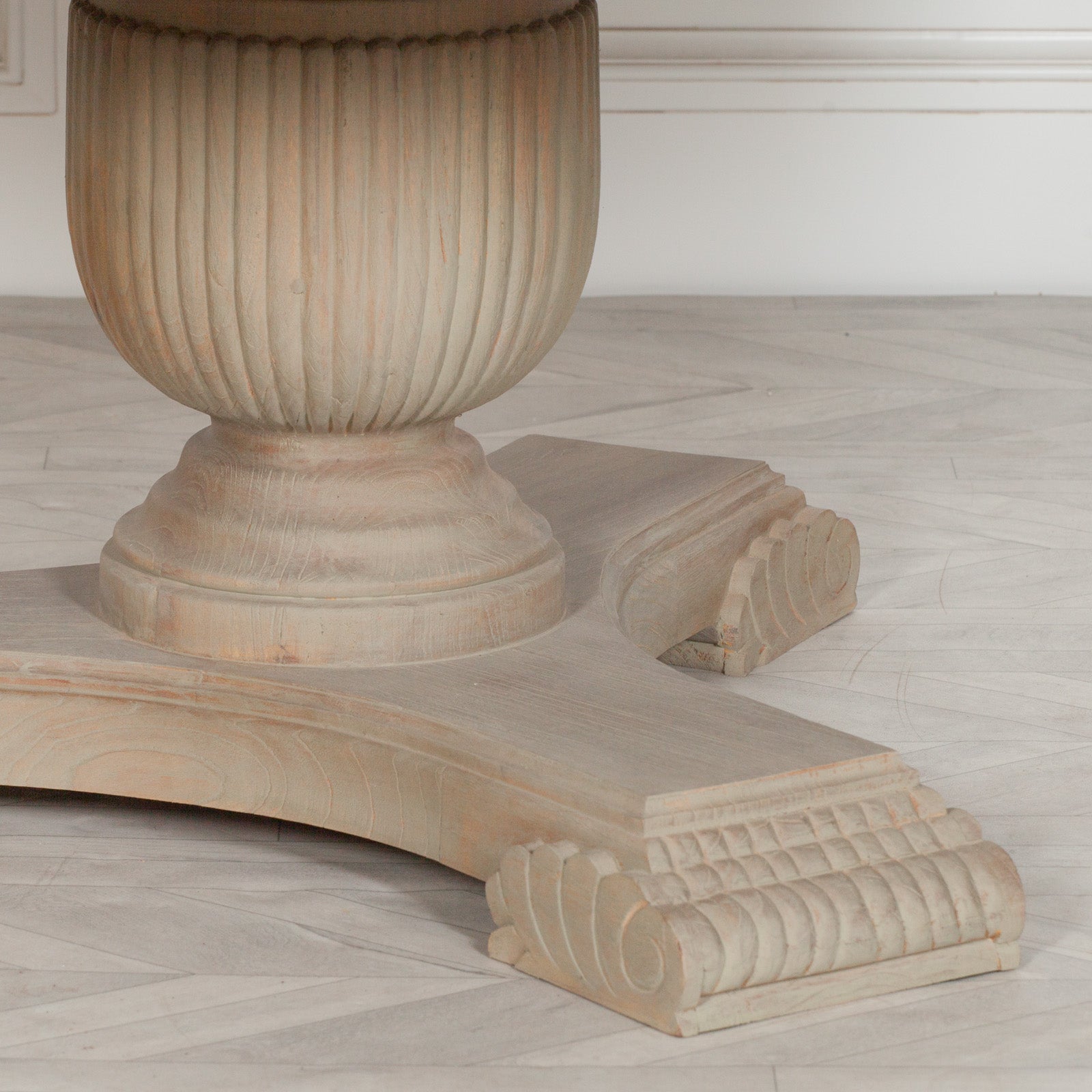 Rustic Greek Style Carved Hardwood Washed Effect Large 150cm Round Pedestal Dining Table