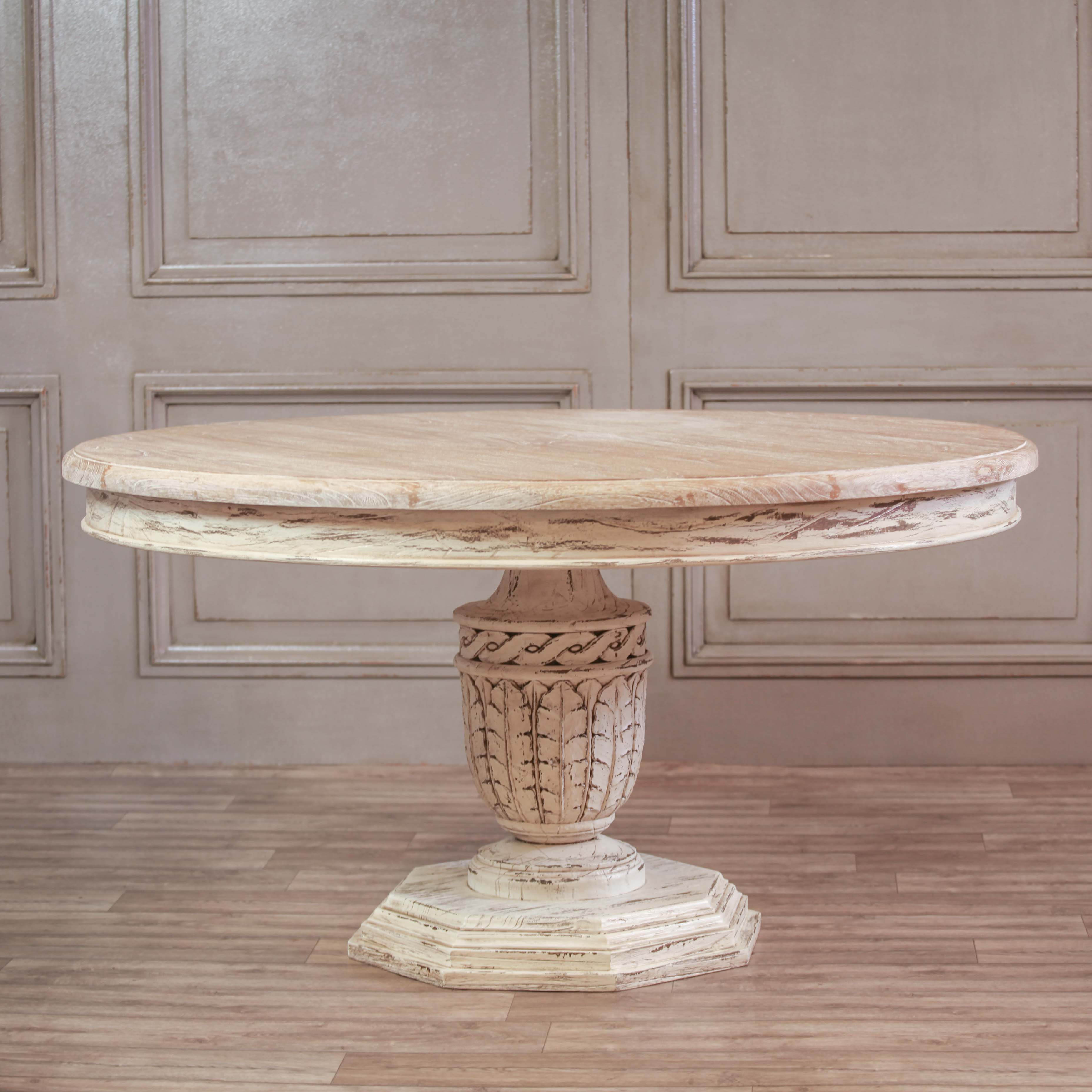 Antique Italian Style Heavy Distressed Finish 145cm Round White Cedar Wood Dining Table