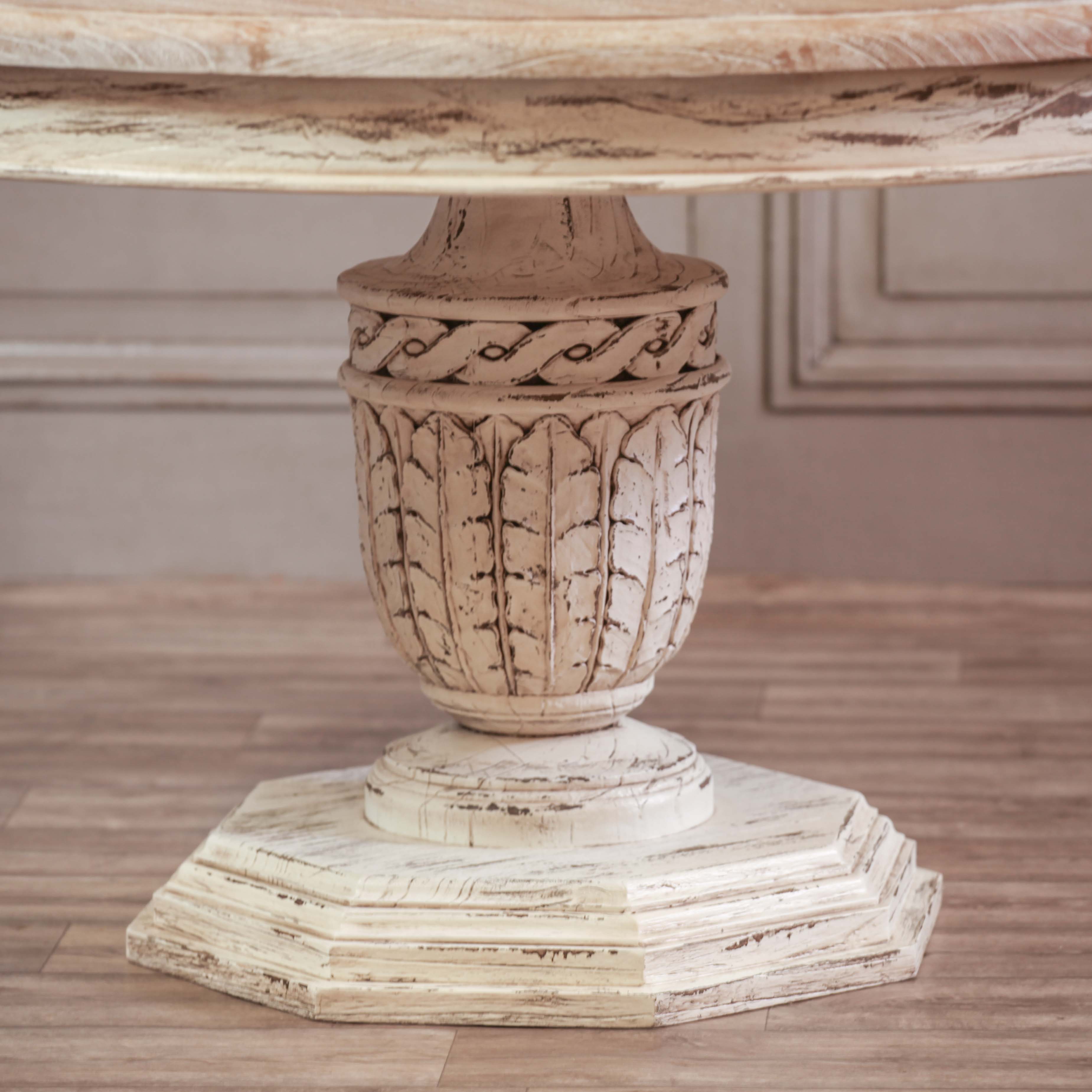 Antique Italian Style Heavy Distressed Finish 145cm Round White Cedar Wood Dining Table