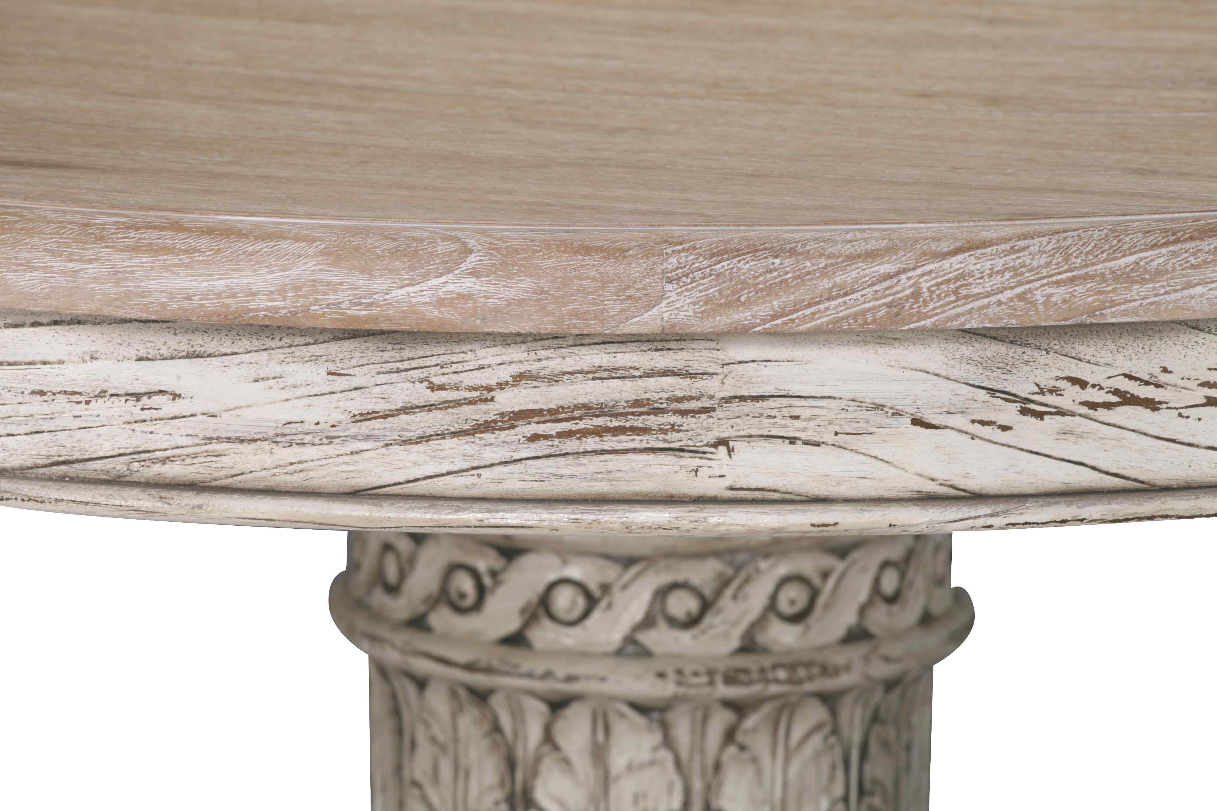 Antique Italian Style Heavy Distressed Finish 145cm Round White Cedar Wood Dining Table