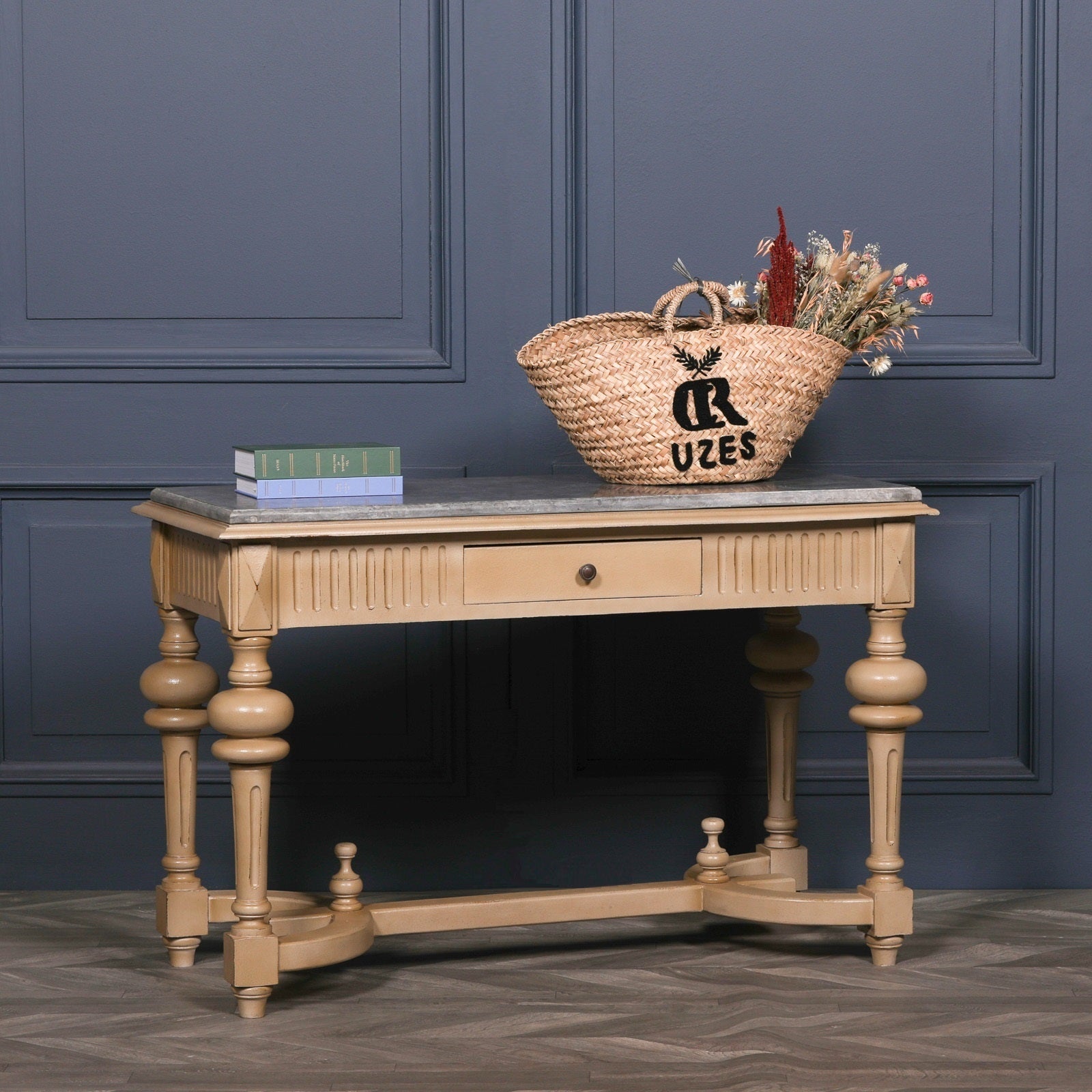 Italian Style Distressed Console Table With Stone Top and Drawer