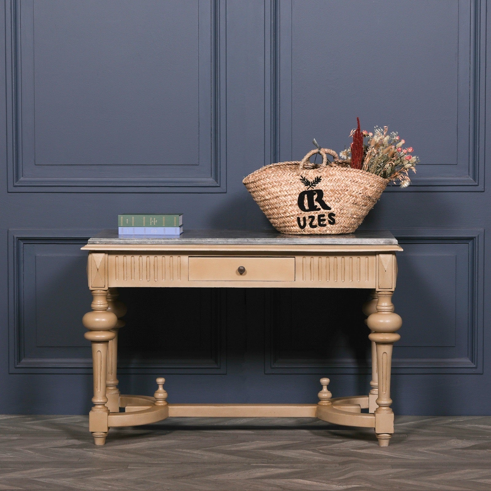 Italian Style Distressed Console Table With Stone Top and Drawer