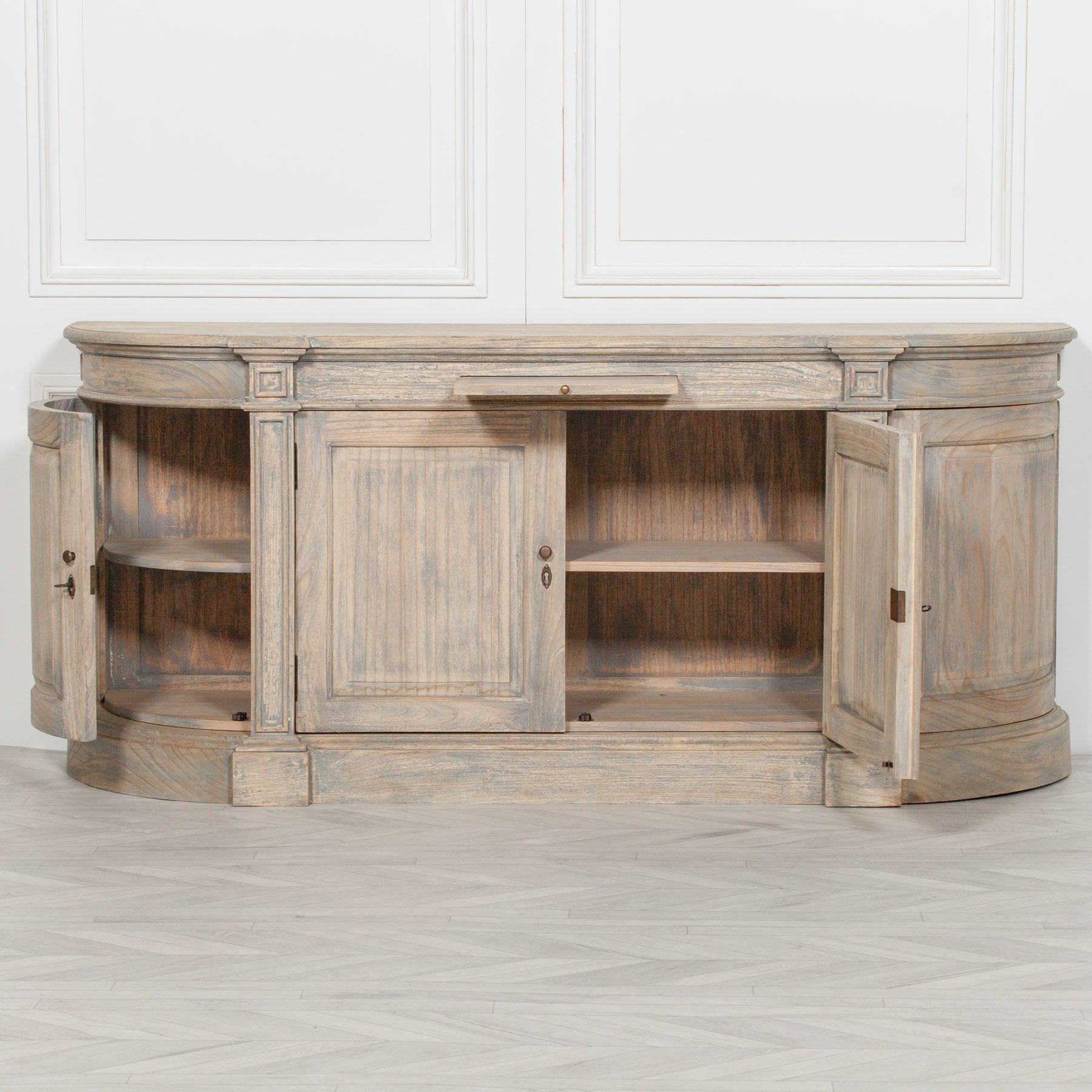 Large Distressed Mahogany Wood Rustic Style Buffet Sideboard with 4 Doors and Pull Out Platform Tray