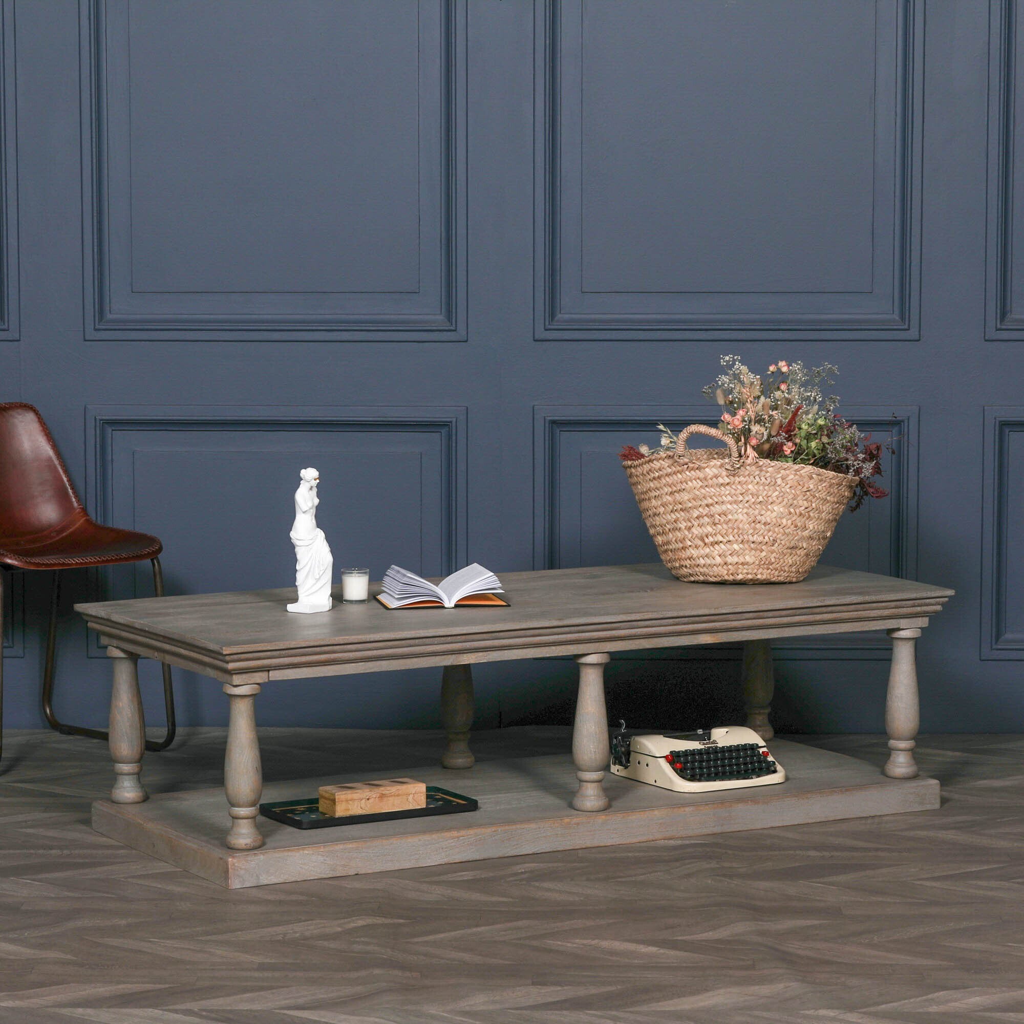 Rustic Antique Style White Cedar Wood 6 Column Coffee Table