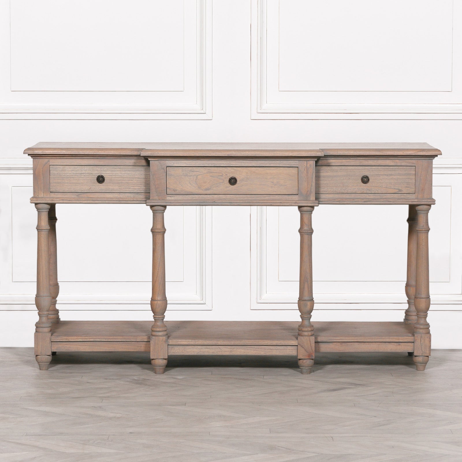 Rustic Style French Inspired Wooden Breakfront Console Table With Drawers