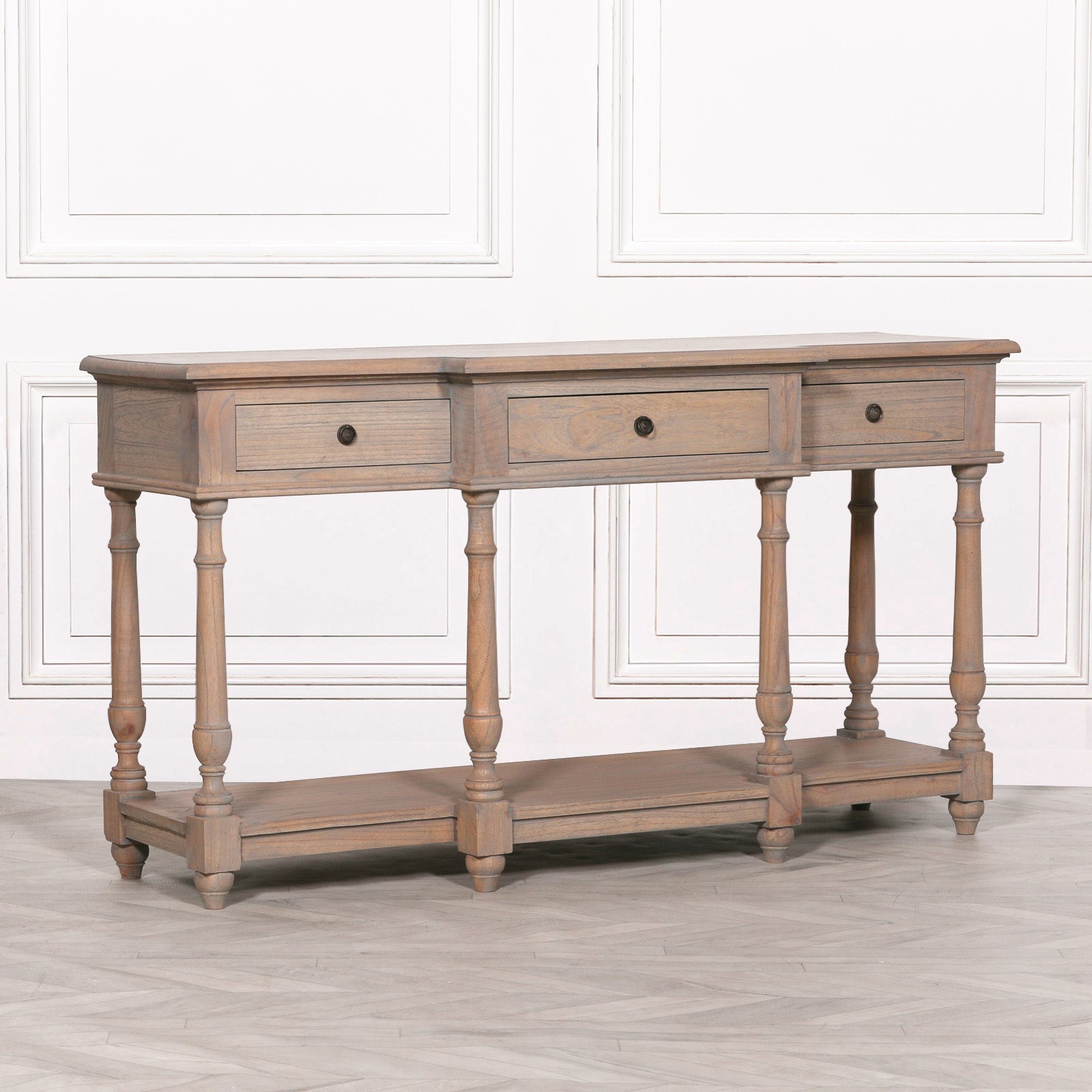 Rustic Style French Inspired Wooden Breakfront Console Table With Drawers