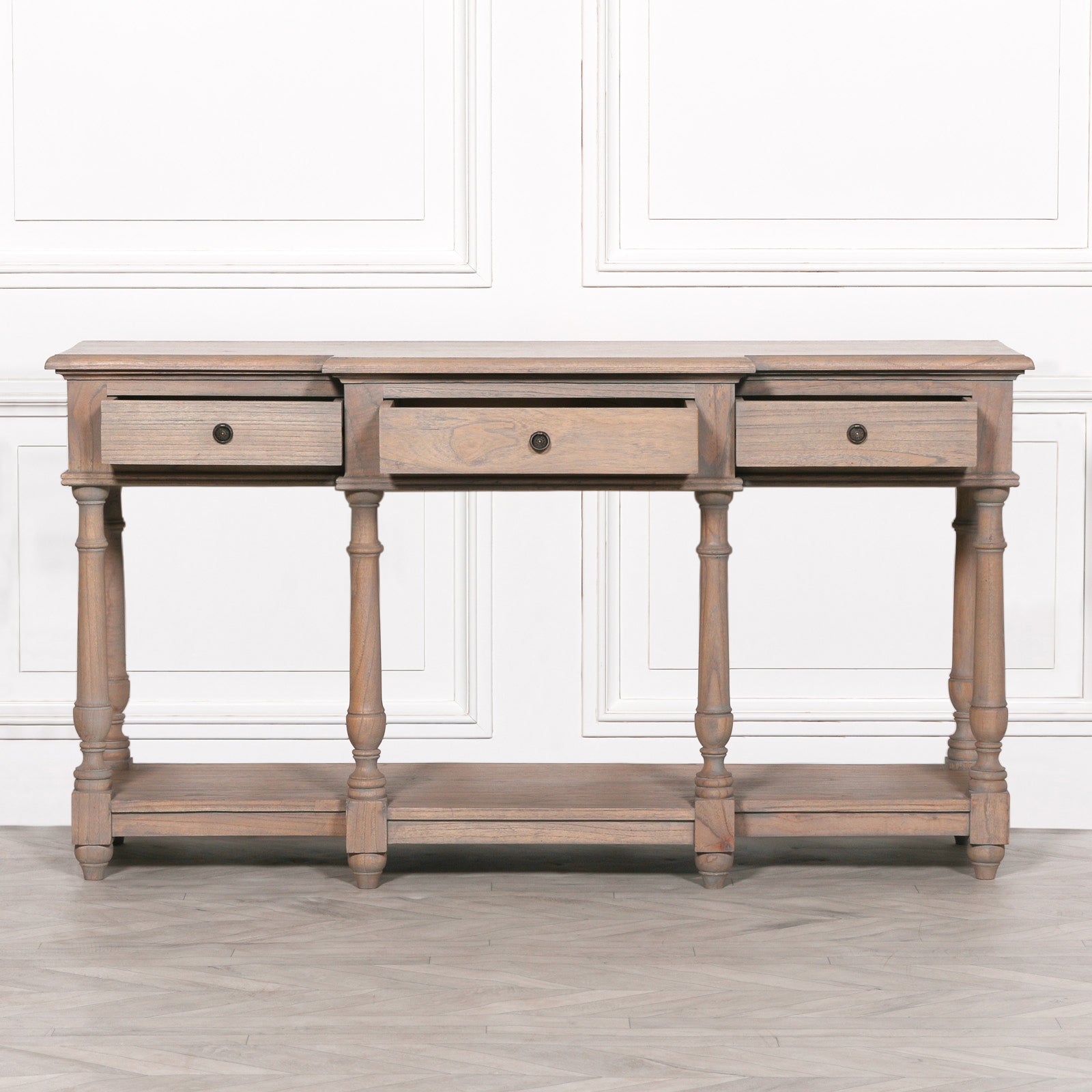 Rustic Style French Inspired Wooden Breakfront Console Table With Drawers