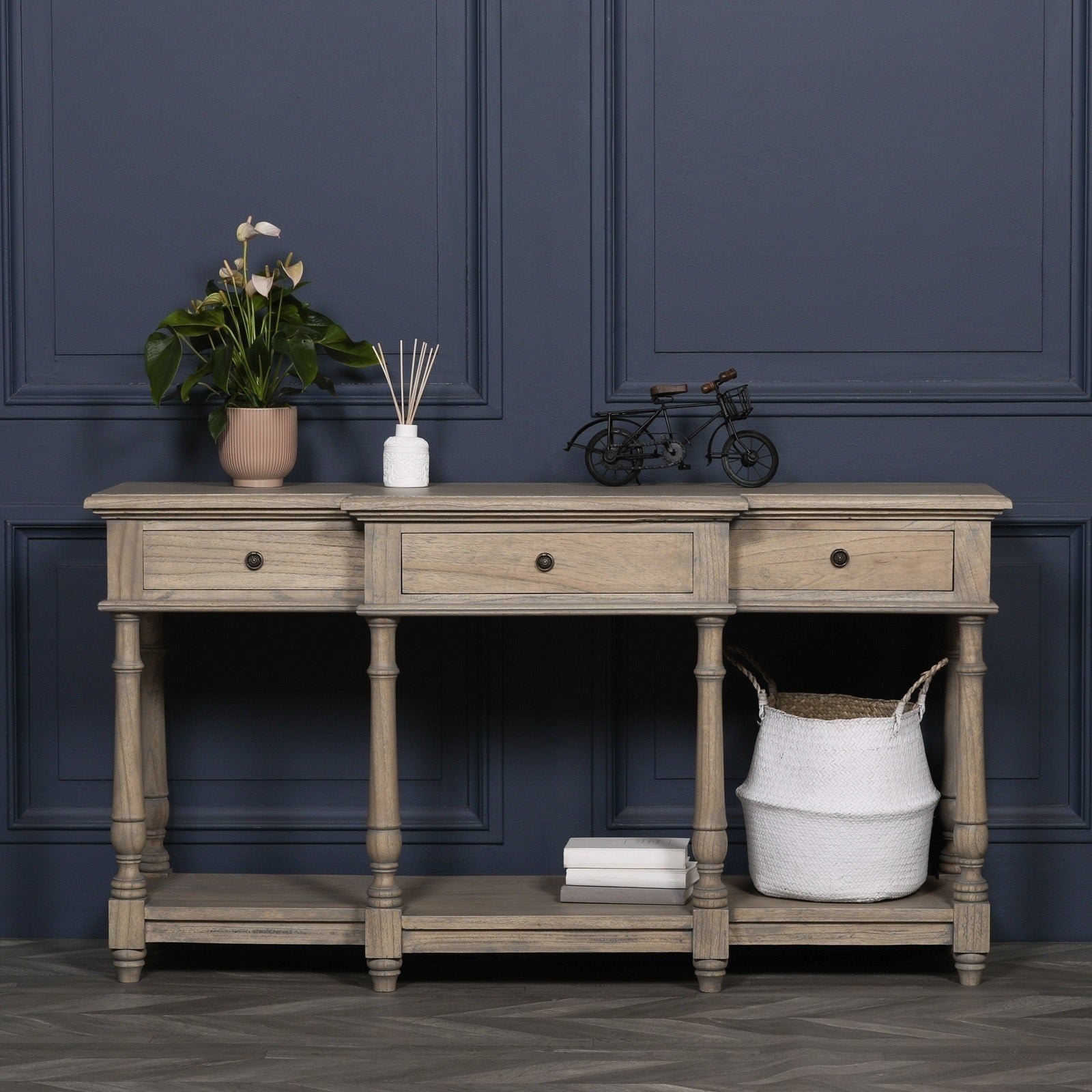 Rustic Style French Inspired Wooden Breakfront Console Table With Drawers