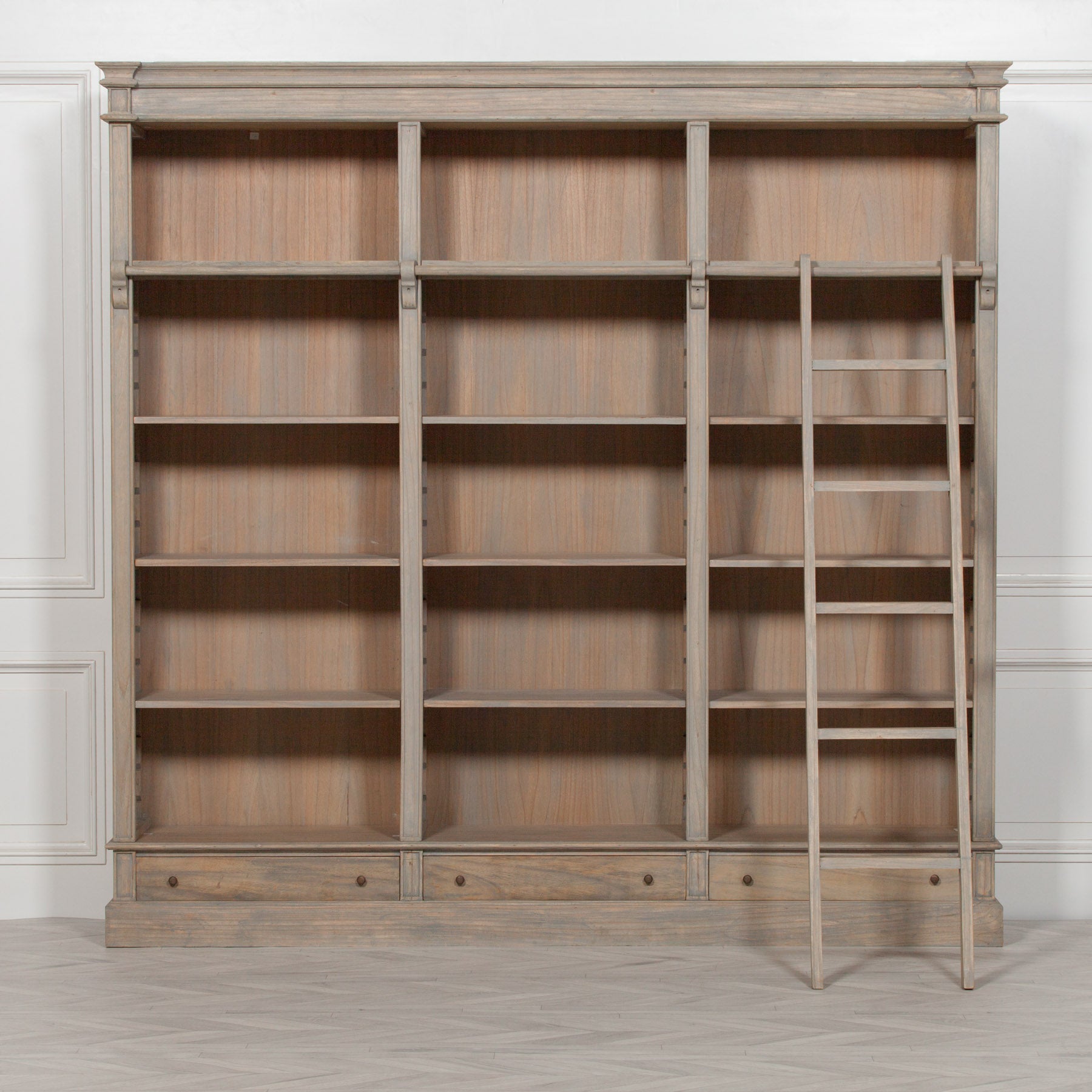 Classical French Style Solid Wood Extra Large Triple Open Bookcase with Ladder