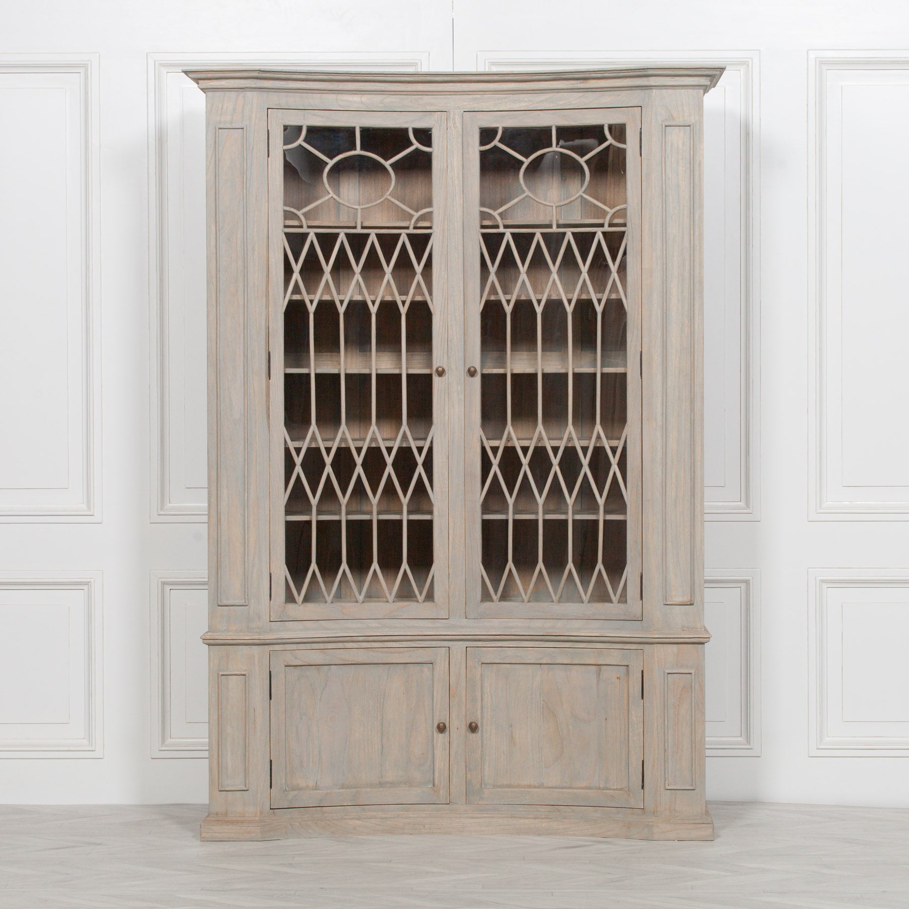 Large Distressed Effect White Cedar Wood Curved Concave Dresser Display Cabinet