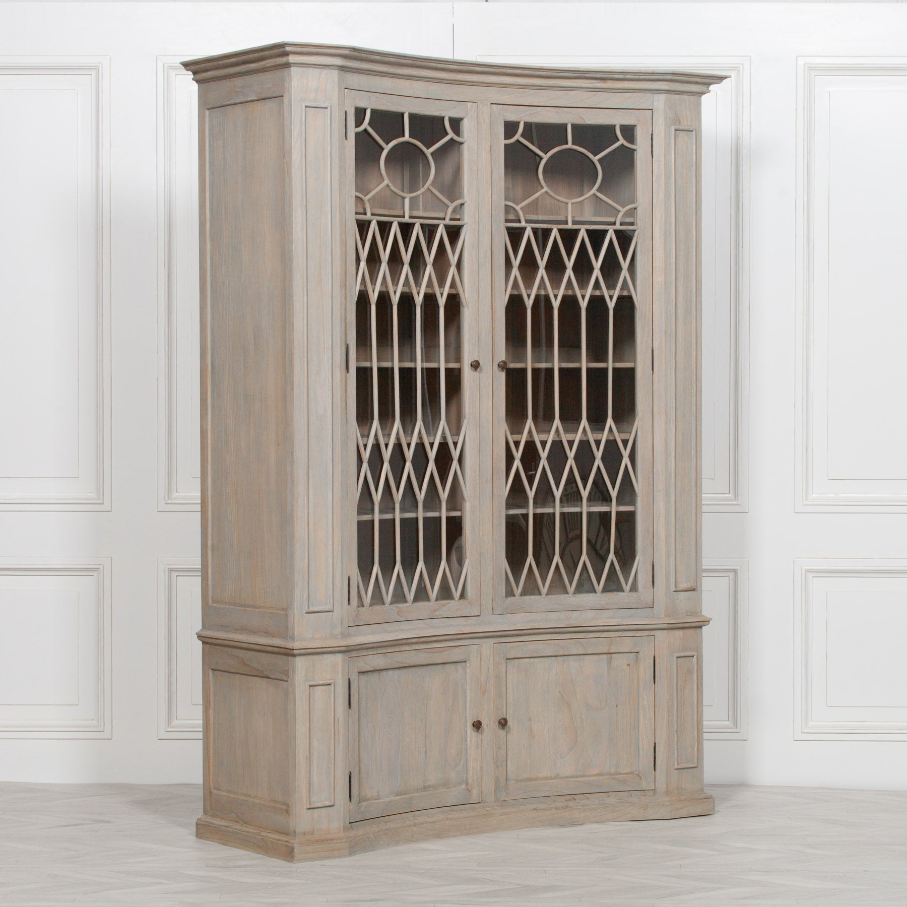 Large Distressed Effect White Cedar Wood Curved Concave Dresser Display Cabinet