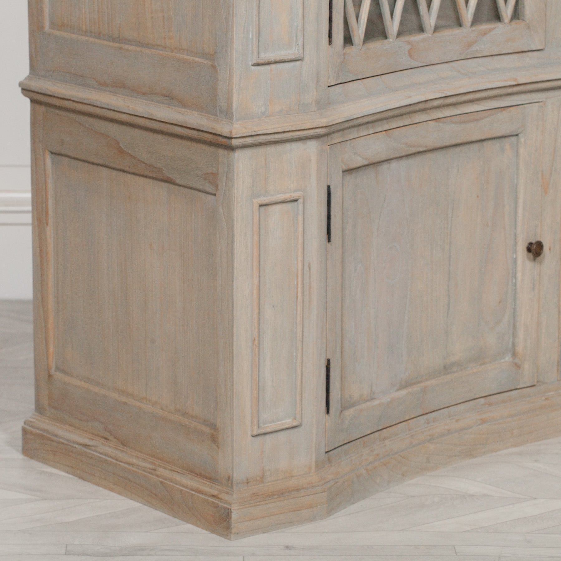 Large Distressed Effect White Cedar Wood Curved Concave Dresser Display Cabinet