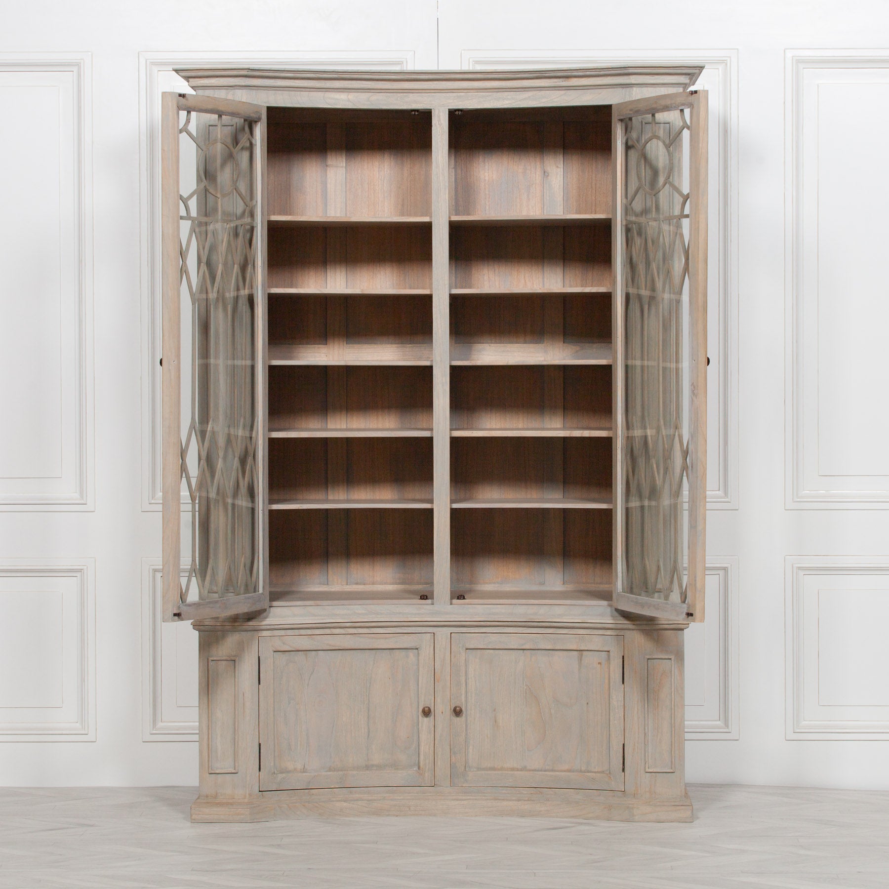 Large Distressed Effect White Cedar Wood Curved Concave Dresser Display Cabinet
