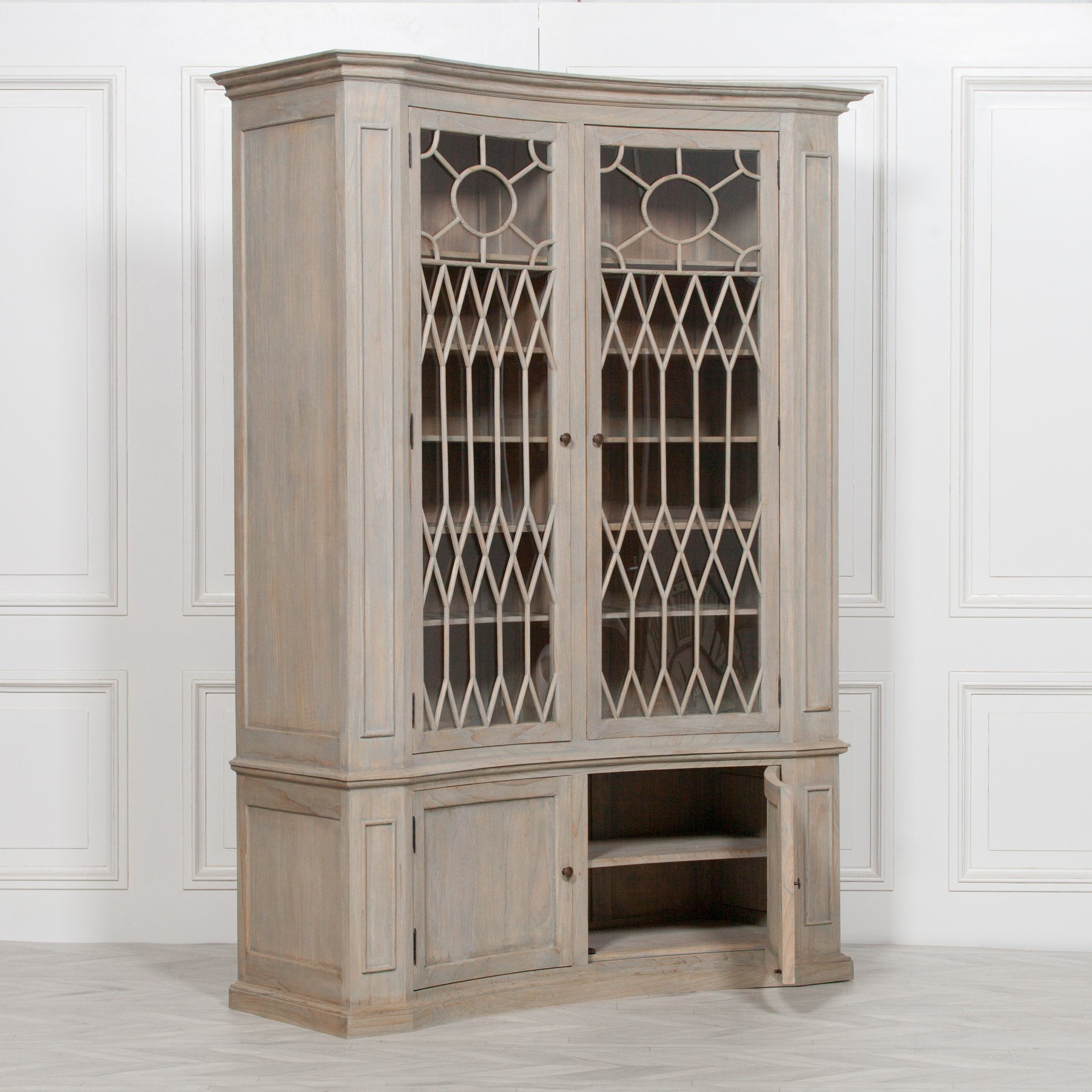 Large Distressed Effect White Cedar Wood Curved Concave Dresser Display Cabinet