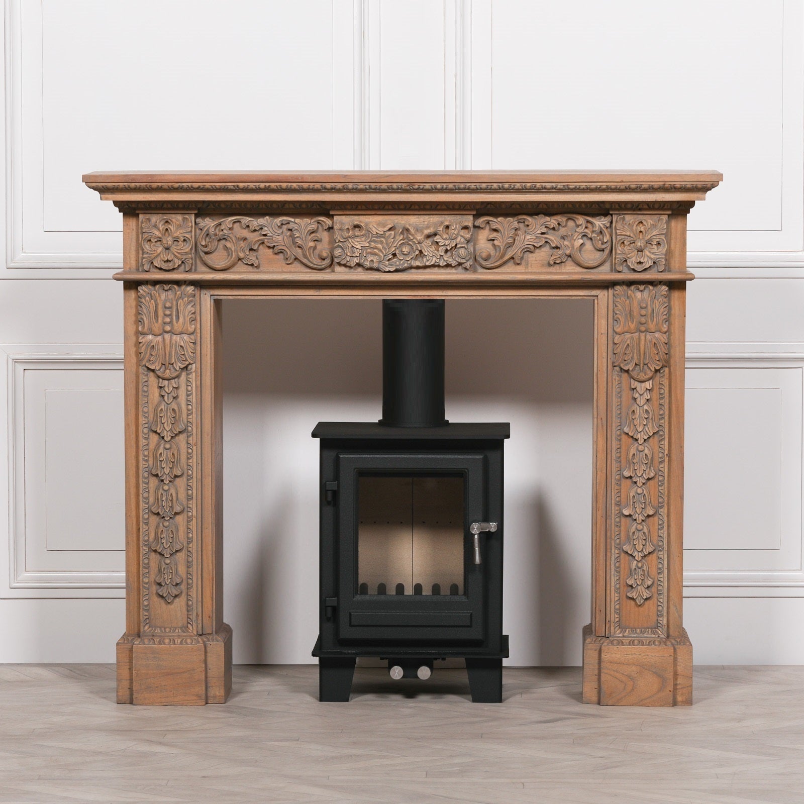 French Farmhouse Style Rustic Finish Ornate Hand Carved Wooden Fire Surround
