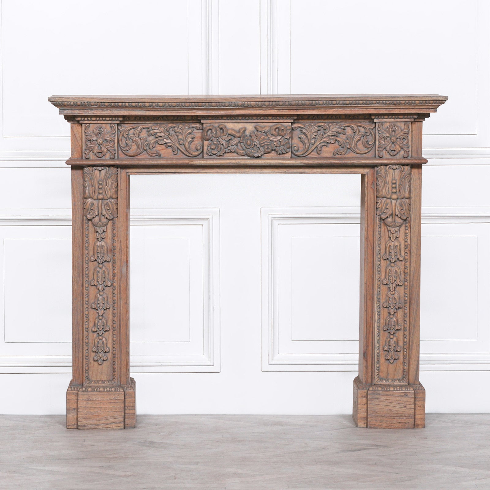 French Farmhouse Style Rustic Finish Ornate Hand Carved Wooden Fire Surround