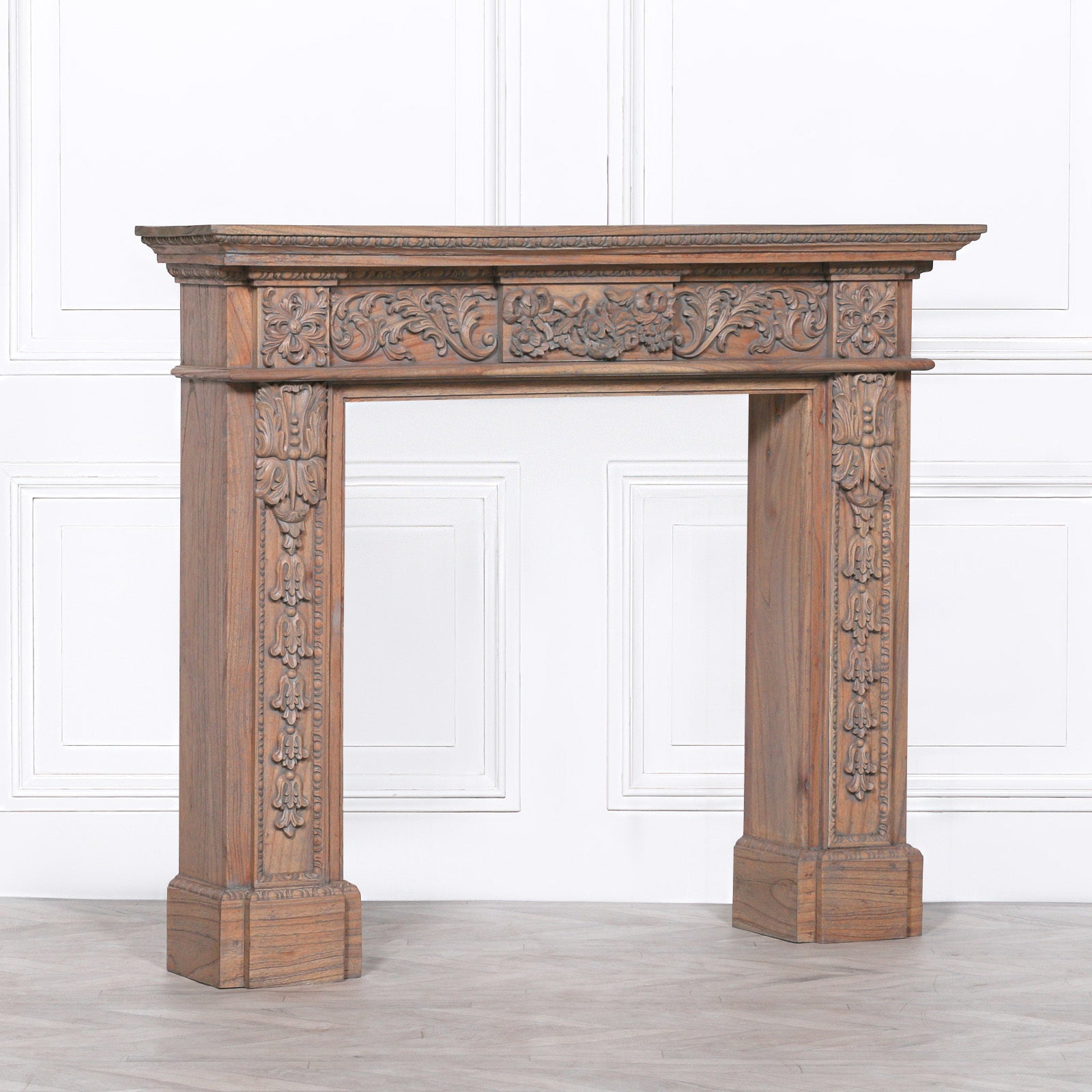 French Farmhouse Style Rustic Finish Ornate Hand Carved Wooden Fire Surround