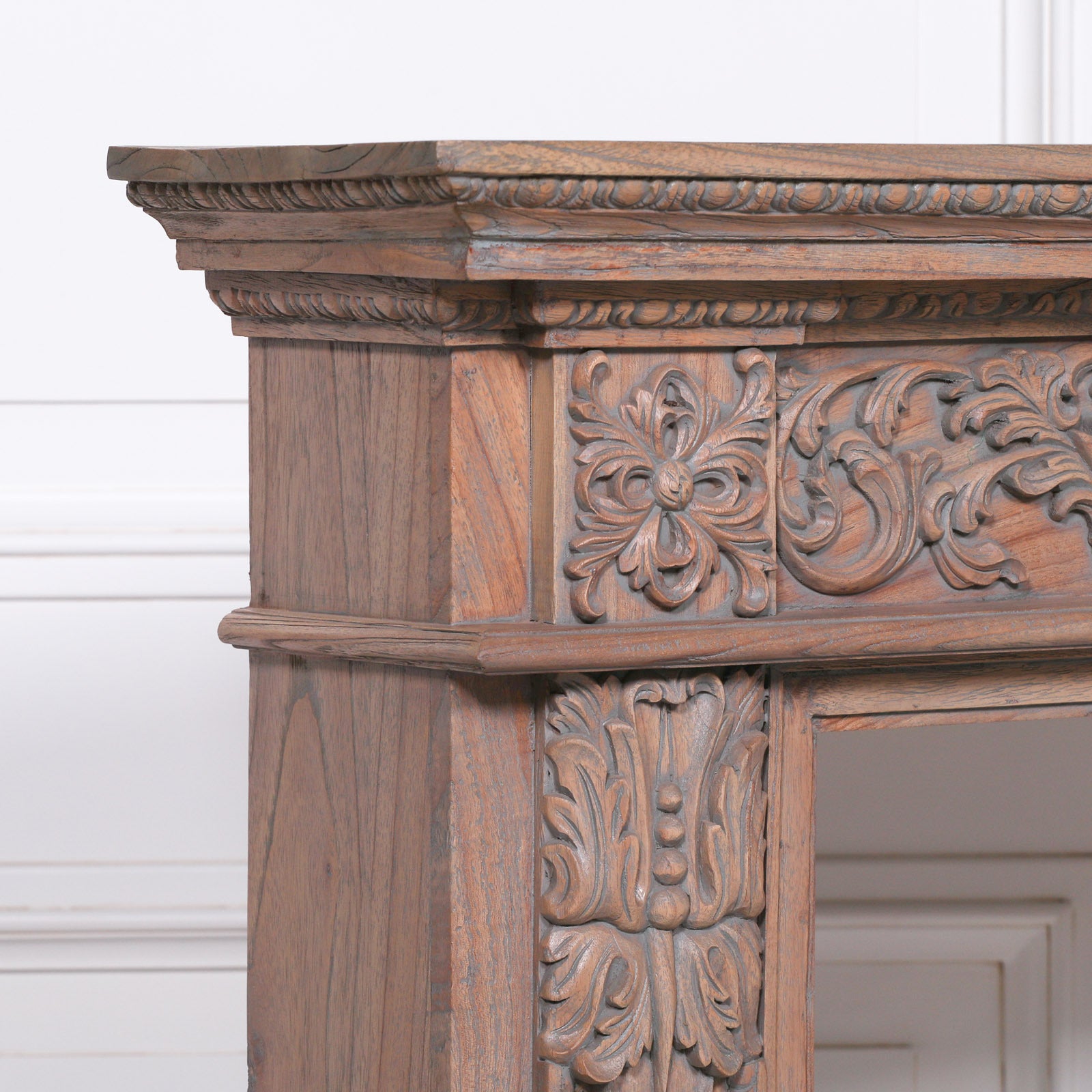 French Farmhouse Style Rustic Finish Ornate Hand Carved Wooden Fire Surround