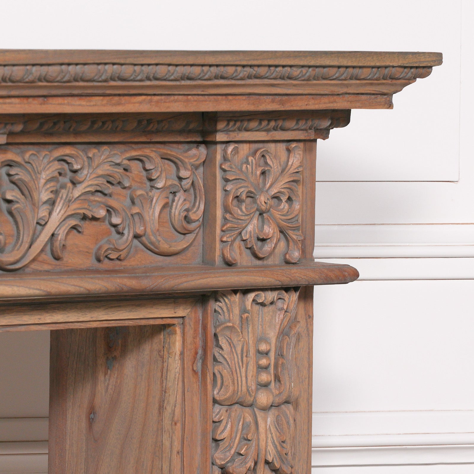 French Farmhouse Style Rustic Finish Ornate Hand Carved Wooden Fire Surround